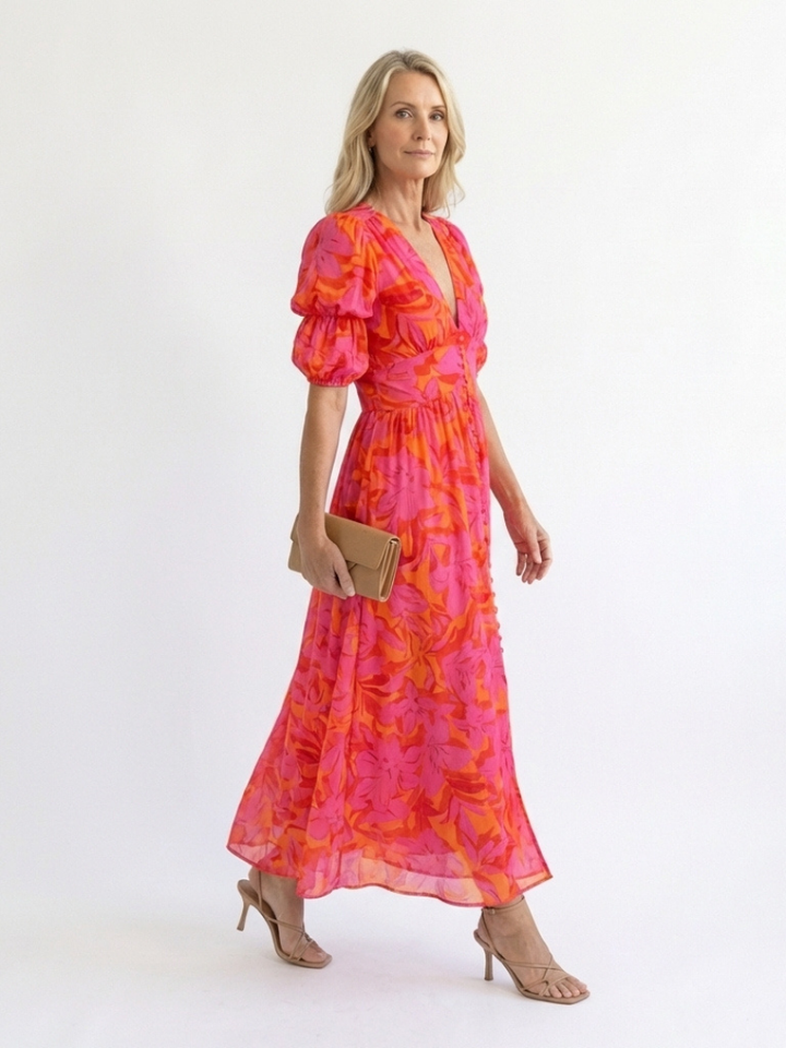 Floral Puff Sleeve Midi Dress in Pink — VerolynBoutique