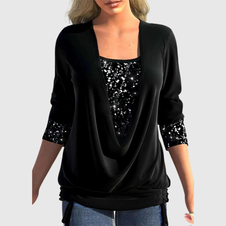 Sequin Layer Draped Blouse in Black — VerolynBoutique