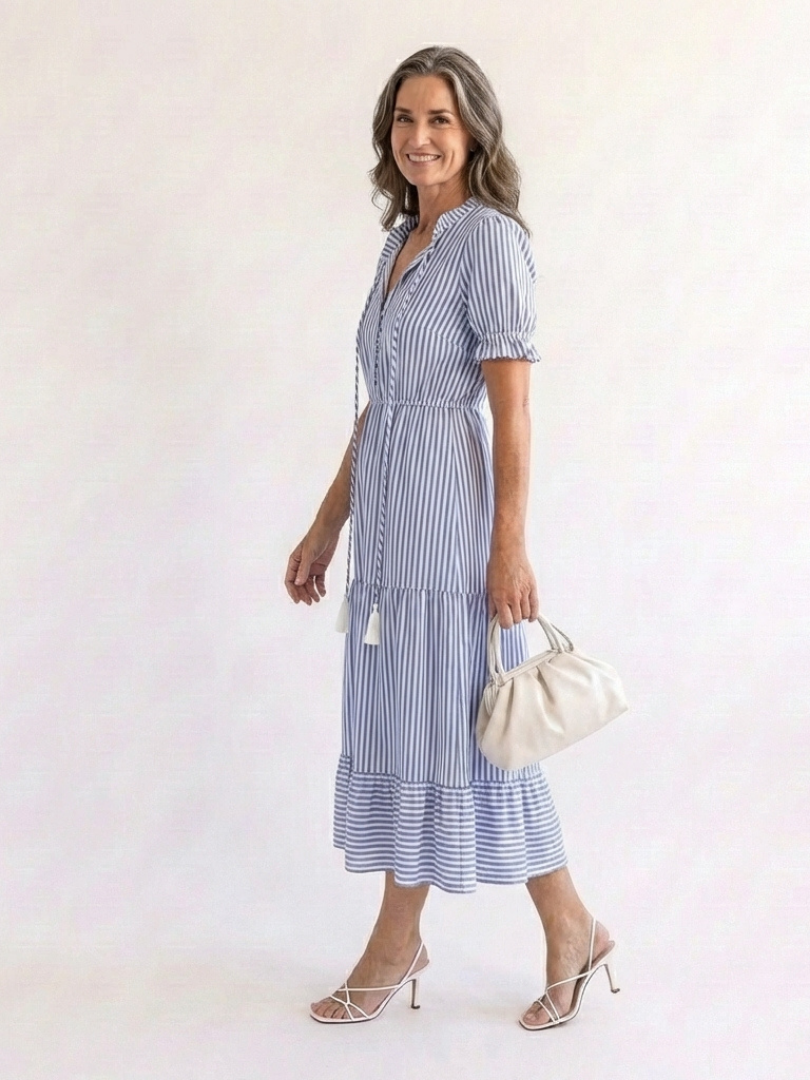 Striped Tiered Midi Dress in Sky Blue — VerolynBoutique