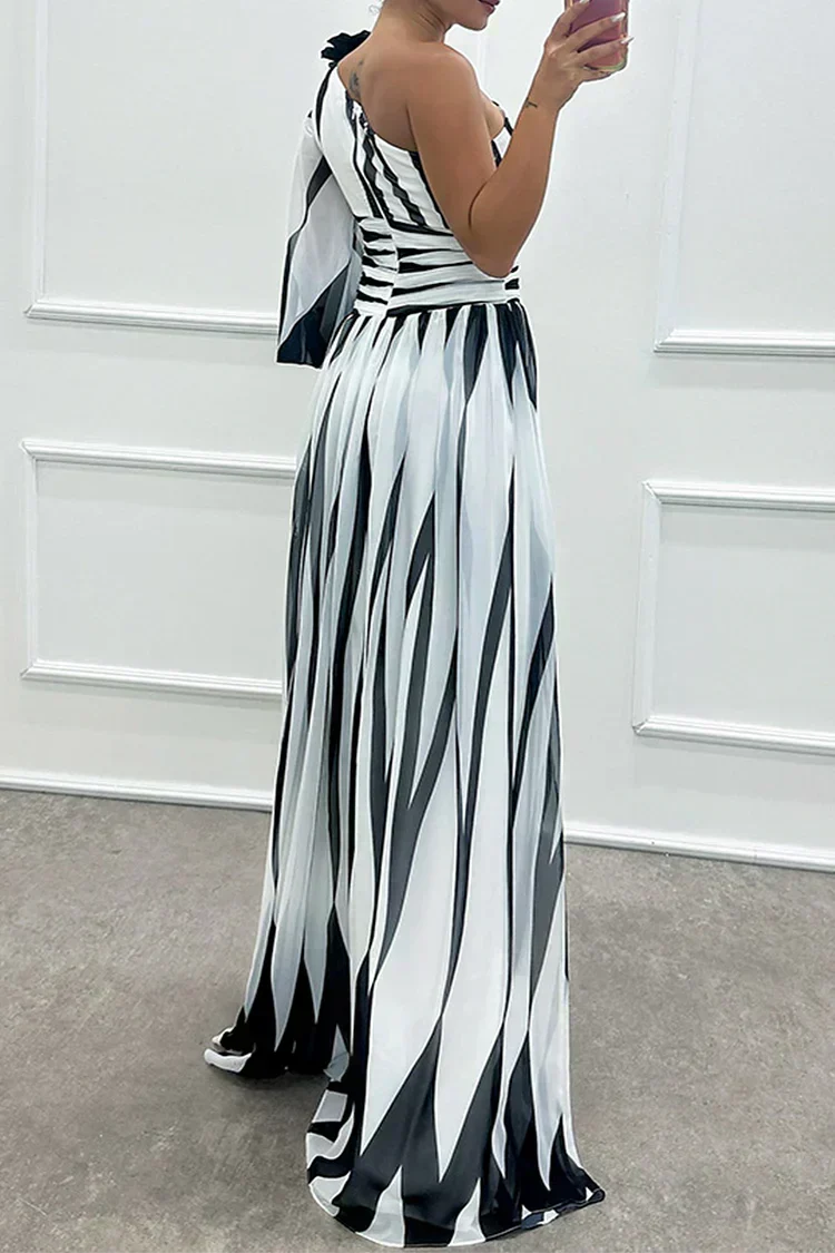 Striped One-Shoulder Evening Dress in White — VerolynBoutique