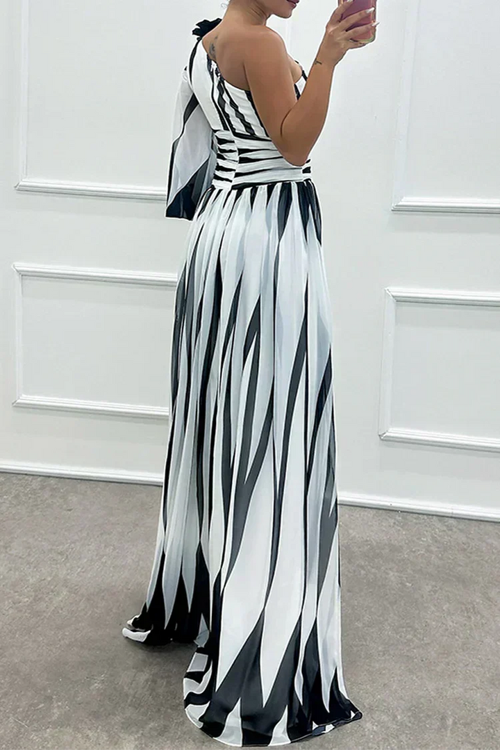 Striped One-Shoulder Evening Dress in White — VerolynBoutique