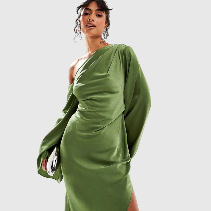 One-Sleeve Satin Maxi Dress in Green — VerolynBoutique