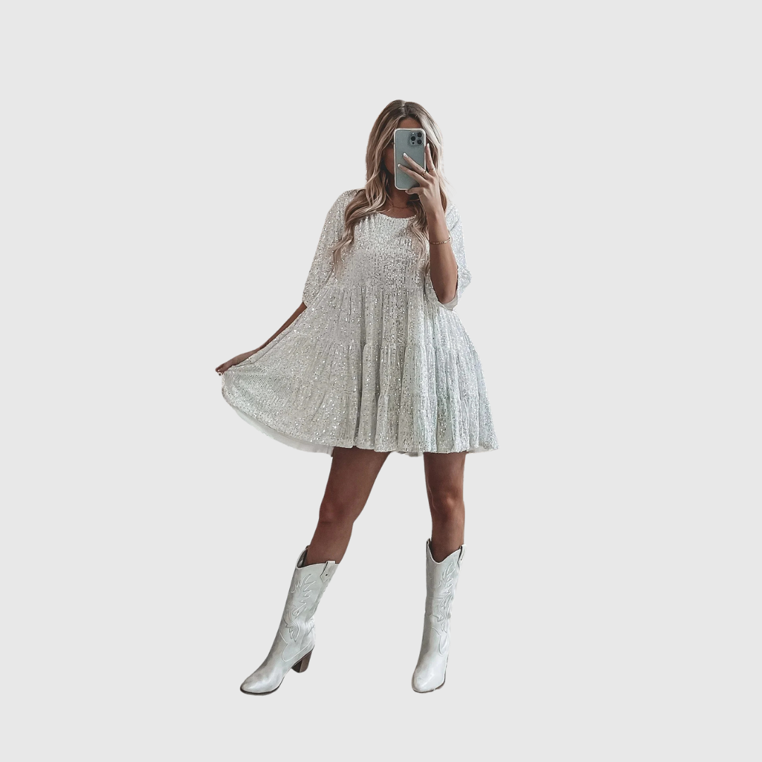 Sequin Puff-Sleeve Swing Dress in Silver — VerolynBoutique