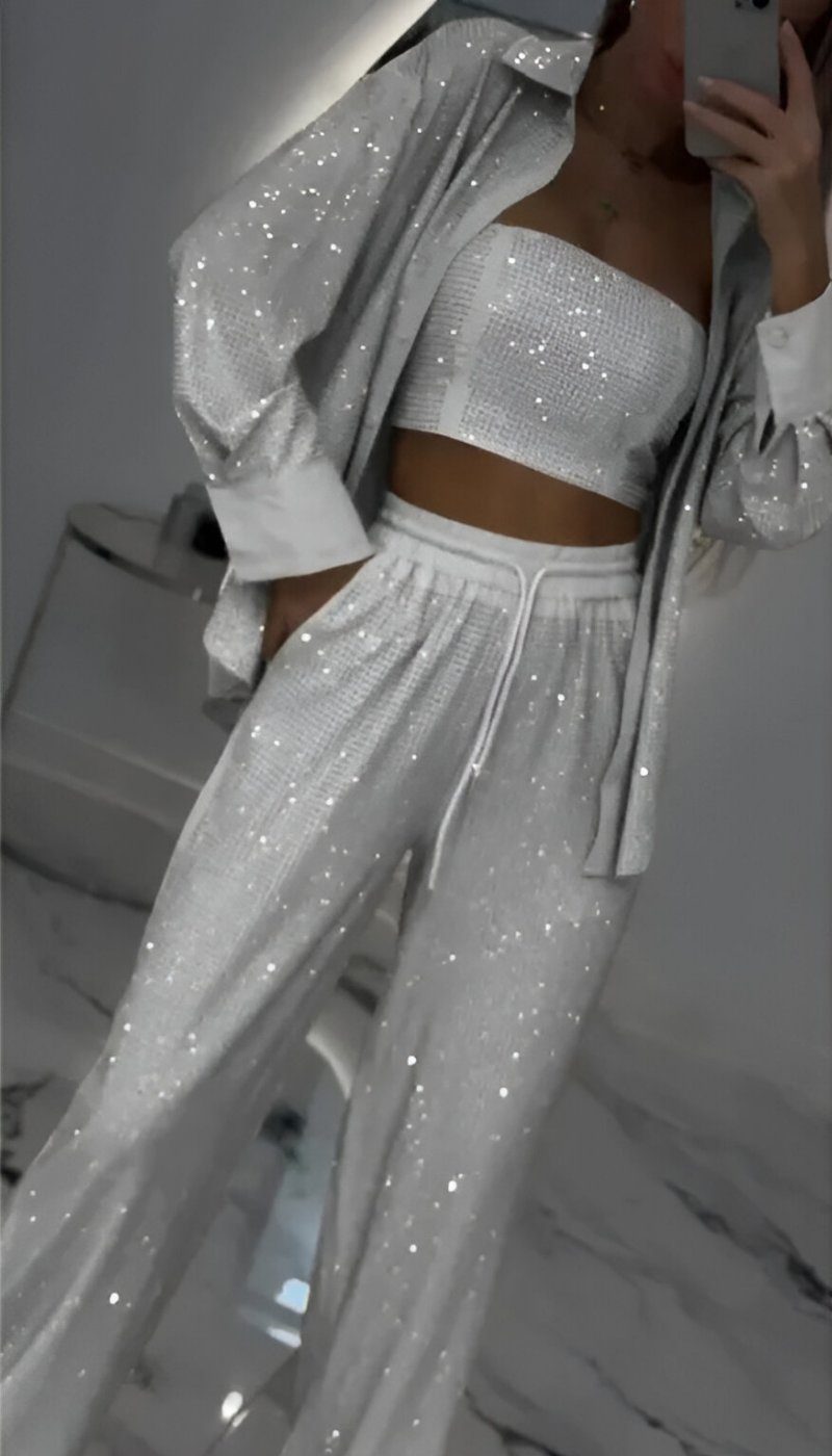 Sequin Three-Piece Lounge Set in White — VerolynBoutique
