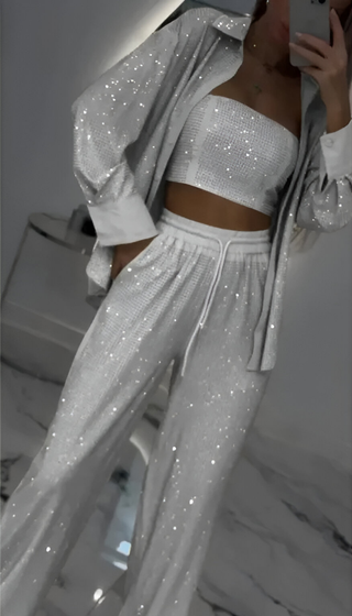 Sequin Three-Piece Lounge Set in White — VerolynBoutique