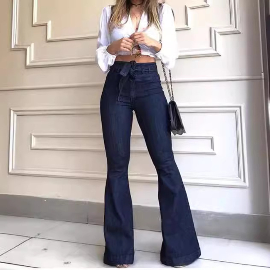 Lace-Up Waist Flared Jeans in Blue — VerolynBoutique
