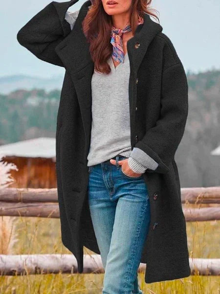 Hooded Button Front Coat in Black — VerolynBoutique