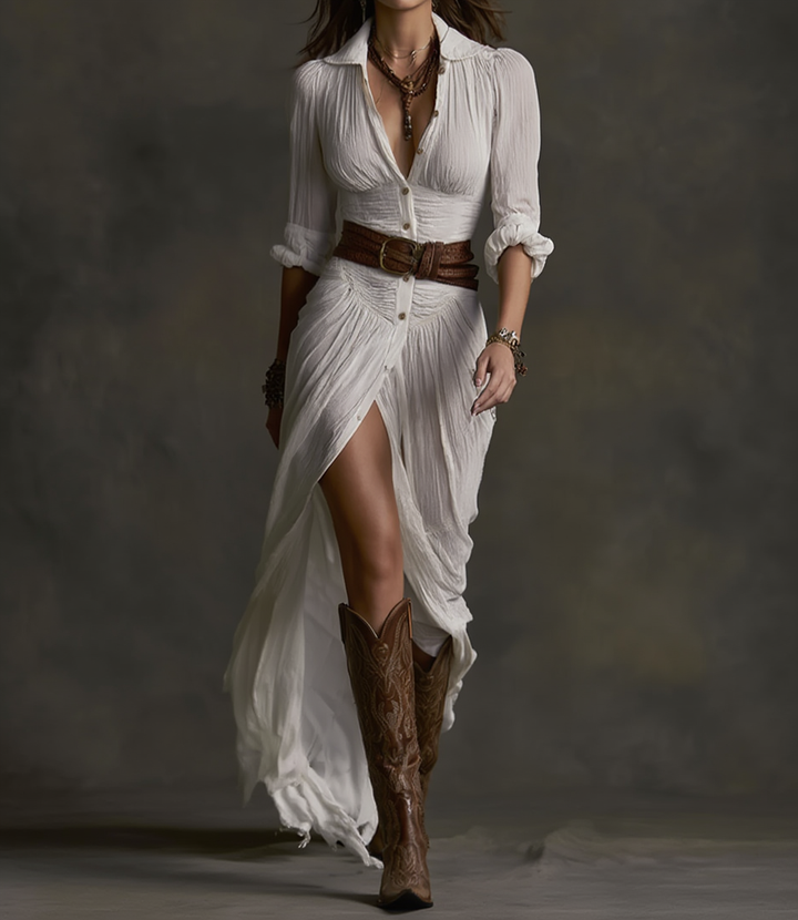 Cotton Linen Maxi Shirt Dress in White — VerolynBoutique