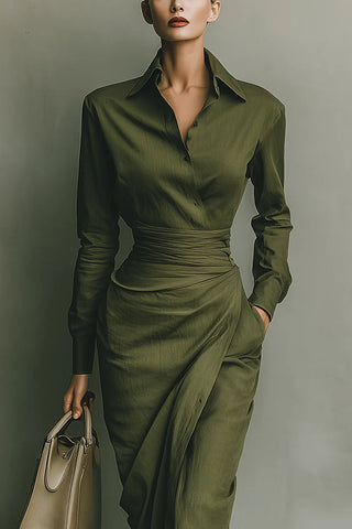 Collared Wrap Waist Midi Dress in Green — VerolynBoutique