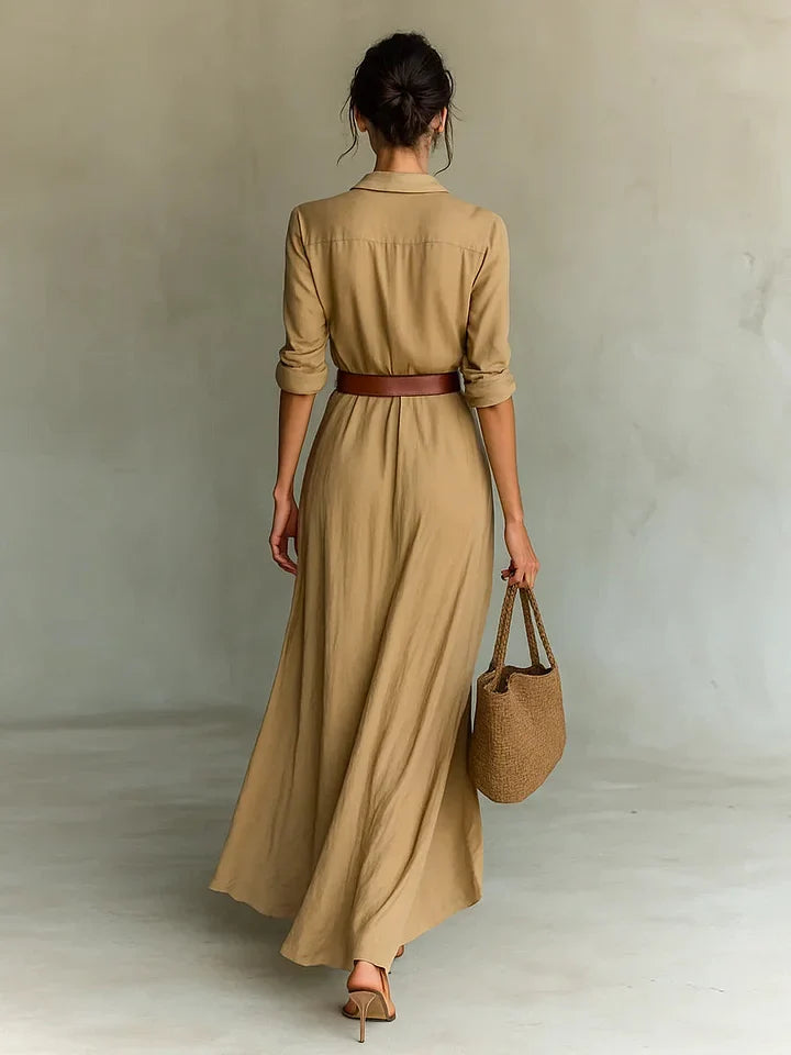 Lapel Wrap Belted Maxi Dress in Khaki — VerolynBoutique