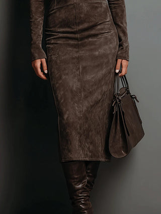Fitted High Neck Midi Dress in Brown — VerolynBoutique