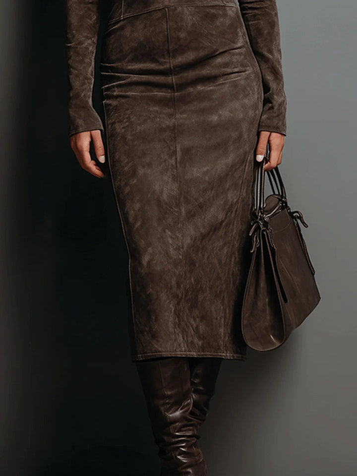 Fitted High Neck Midi Dress in Brown — VerolynBoutique