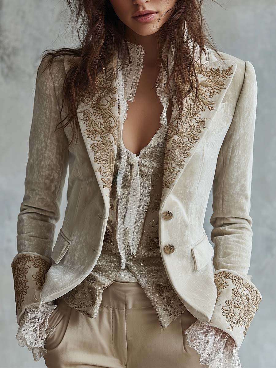 Gold Embroidered Tailored Blazer in Ivory — VerolynBoutique