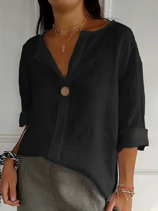 Single Button V-Neck Blouse in Black — VerolynBoutique
