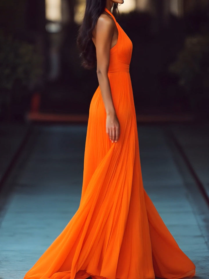 Pleated Halter Maxi Dress in Orange — VerolynBoutique