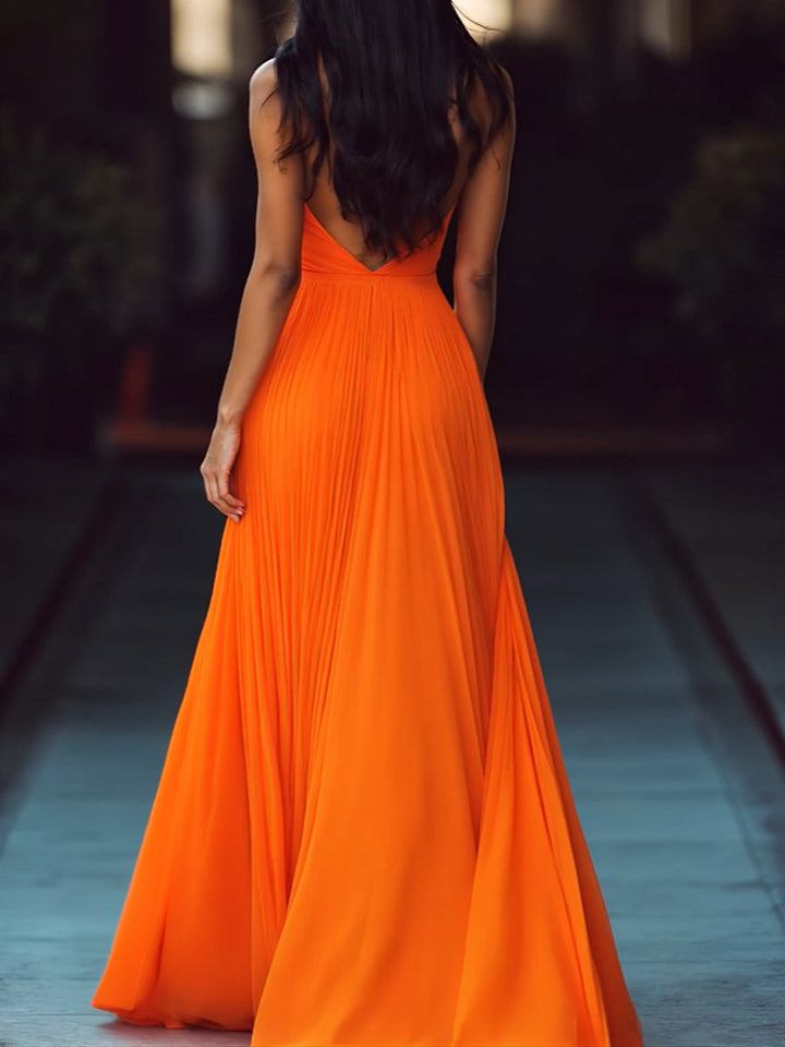Pleated Halter Maxi Dress in Orange — VerolynBoutique