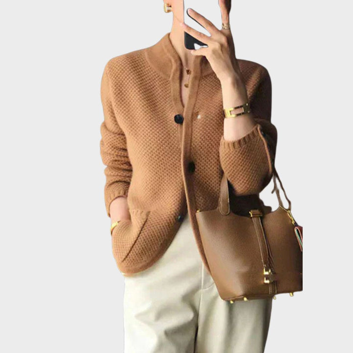 Stand Collar Textured Cardigan in Brown — VerolynBoutique
