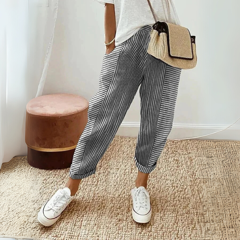 Striped Tapered Cropped Trousers in Black — VerolynBoutique