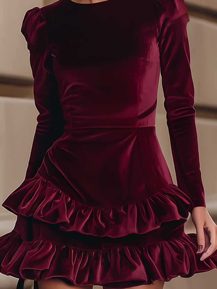 Velvet Ruffle Hem Mini Dress in Burgundy — VerolynBoutique