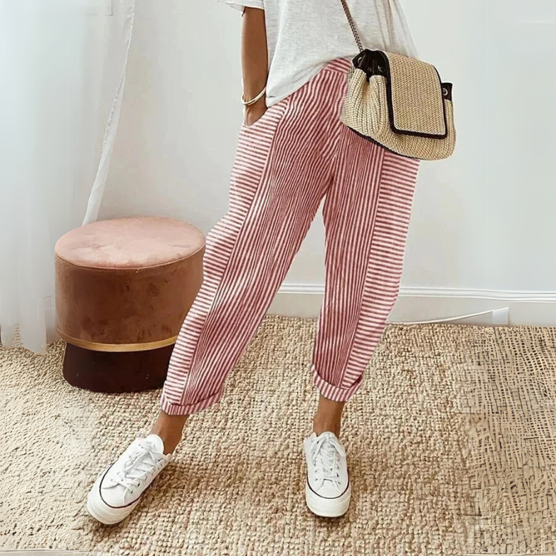 Striped Tapered Cropped Trousers in Red — VerolynBoutique