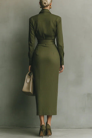 Collared Wrap Waist Midi Dress in Green — VerolynBoutique