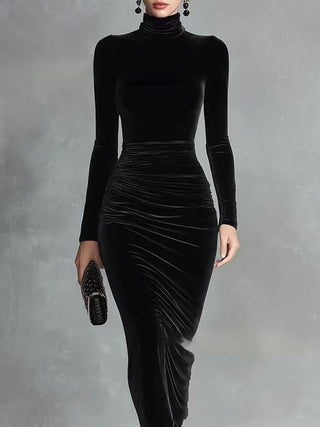 Ruched Velvet High Neck Dress in Black — VerolynBoutique