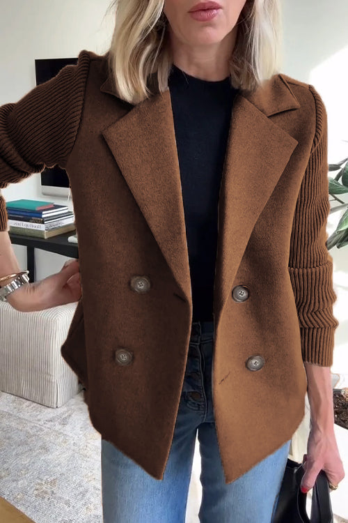 Double-Breasted Knit Sleeve Blazer in Coffee Brown — VerolynBoutique