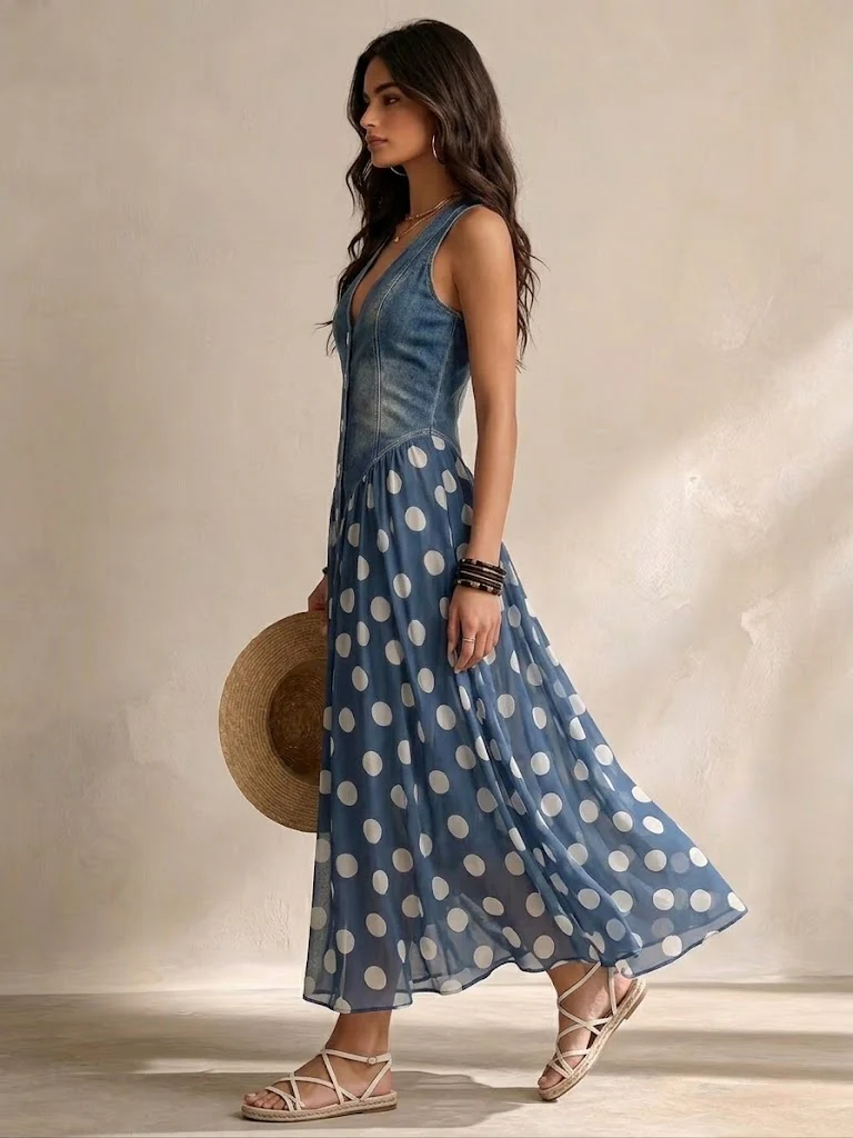 Polka Dot Denim Maxi Dress in Denim Blue — VerolynBoutique