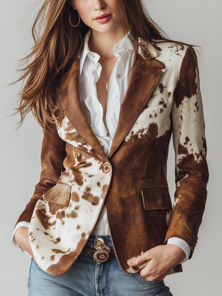 Cow Print Leather-Look Blazer in Brown — VerolynBoutique