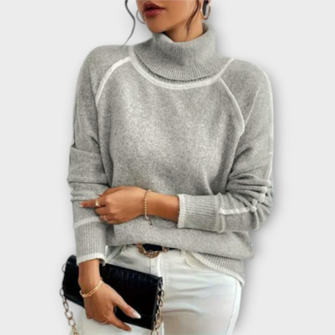 Contrast Trim Raglan Turtleneck in Grey — VerolynBoutique