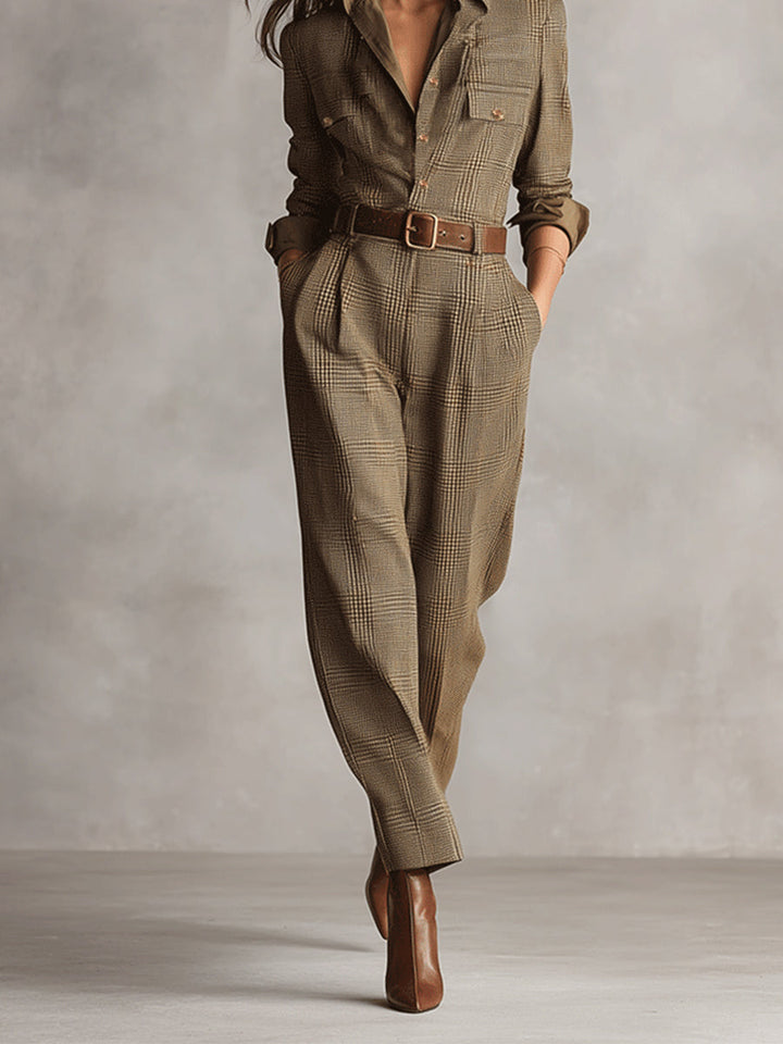Belted Check Wide-Leg Jumpsuit in Brown — VerolynBoutique