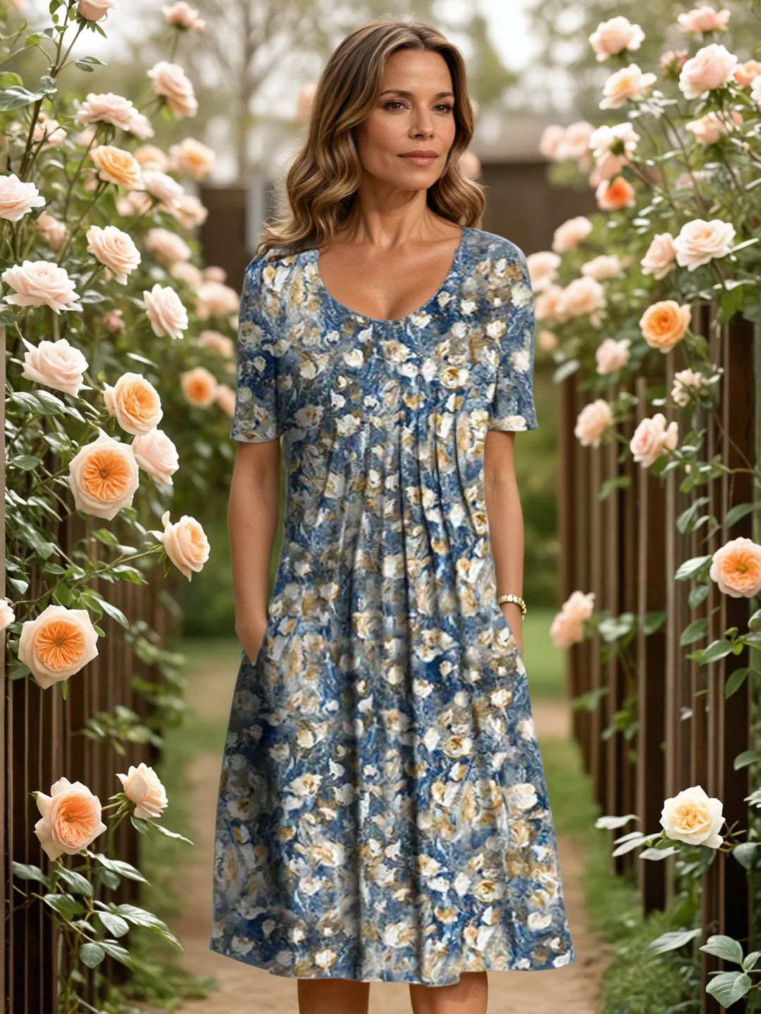 Pleated Floral Midi Dress in Light Blue Floral — VerolynBoutique