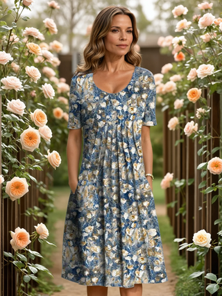 Pleated Floral Midi Dress in Light Blue Floral — VerolynBoutique