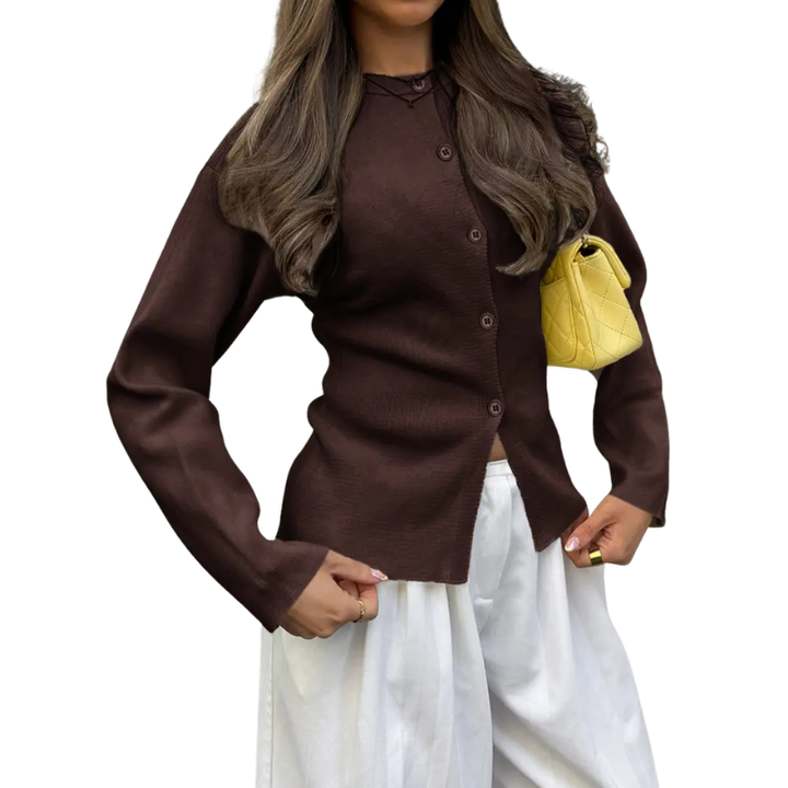 Slim Ribbed Button Cardigan in Brown — VerolynBoutique