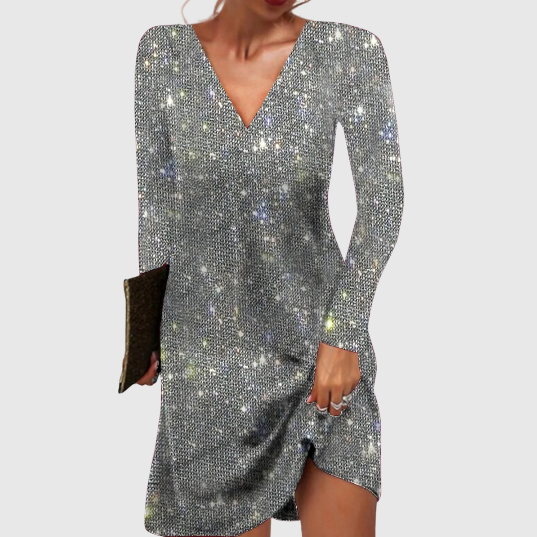 V-Neck Sequin Mini Dress in Silver — VerolynBoutique