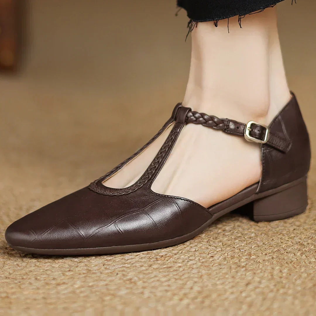 Croc-Embossed Braided T-Strap Shoes in Brown — VerolynBoutique