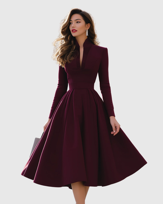 Verolyn - Wine V-Neck Midi Dress