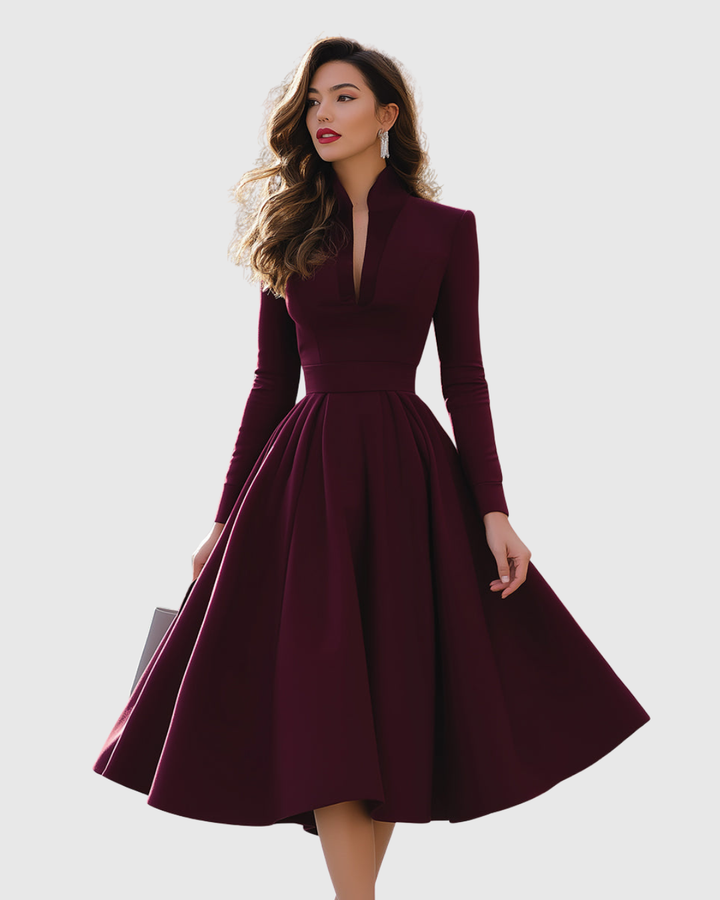 Verolyn - Wine V-Neck Midi Dress