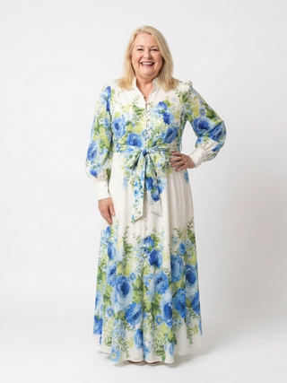 Button-Front Tie-Waist Floral Maxi Dress in Green — VerolynBoutique