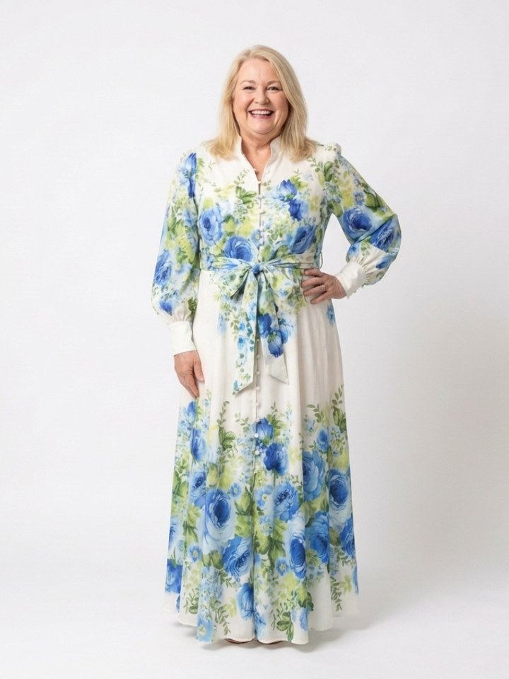 Button-Front Tie-Waist Floral Maxi Dress in Green — VerolynBoutique