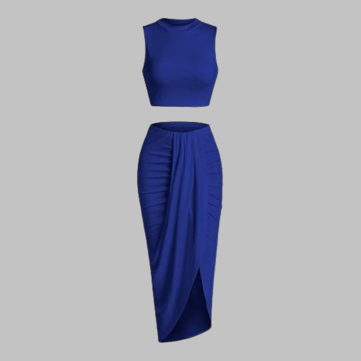 Draped Slit Maxi Skirt Set in Blue — VerolynBoutique