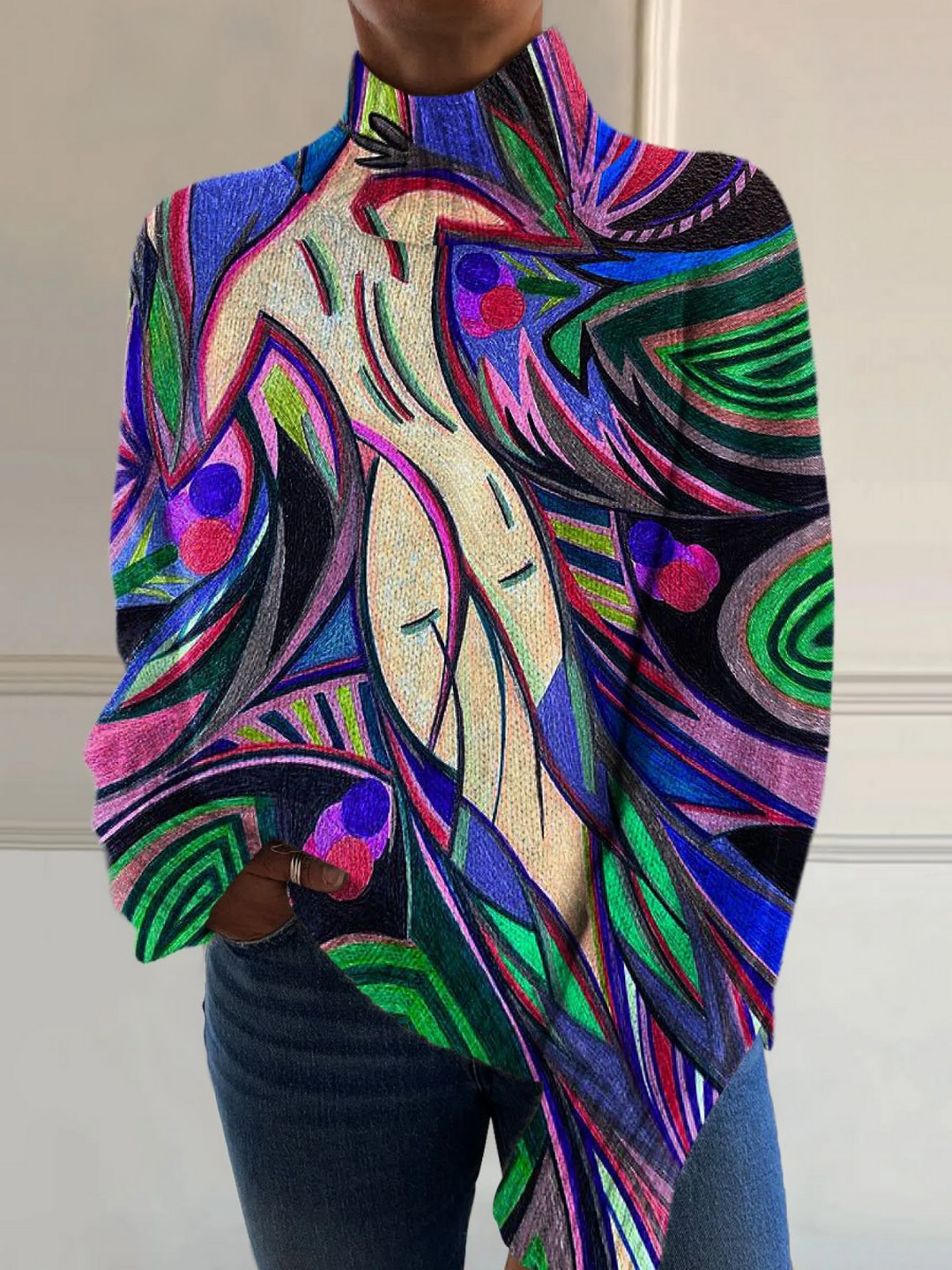 Abstract Print Turtleneck Jumper in Multicolour — VerolynBoutique