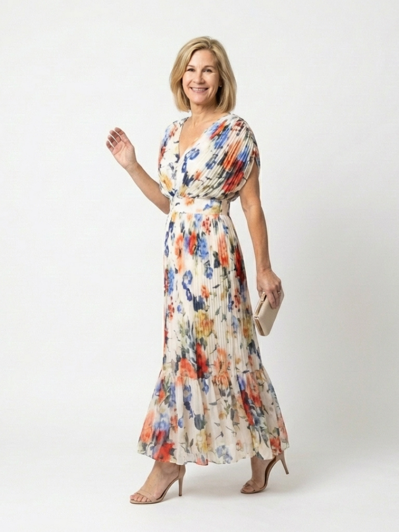Pleated V-Neck Floral Midi Dress in Multicolour — VerolynBoutique