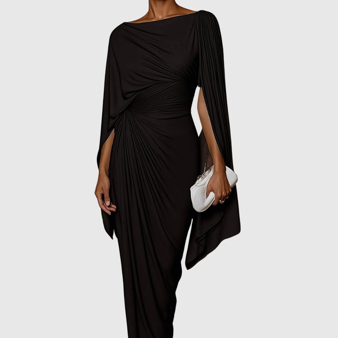 Pleated One-Shoulder Maxi Dress in Black — VerolynBoutique