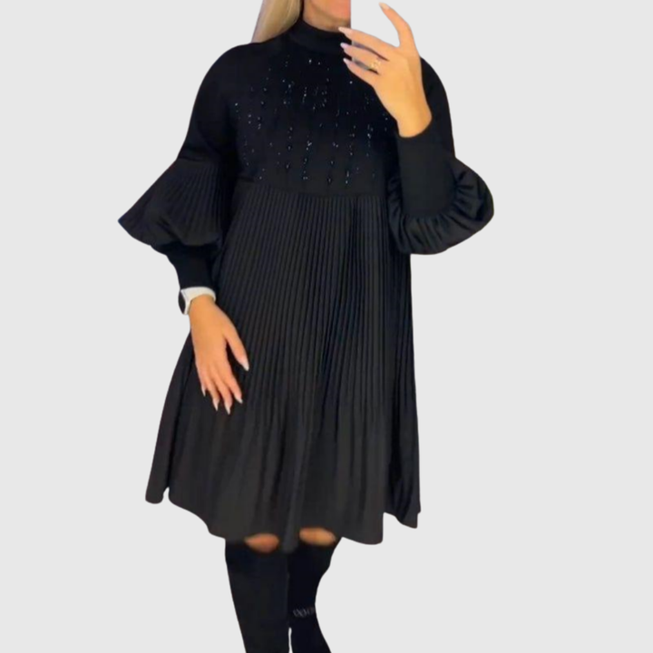 Pleated Puff-Sleeve Gown in Black — VerolynBoutique