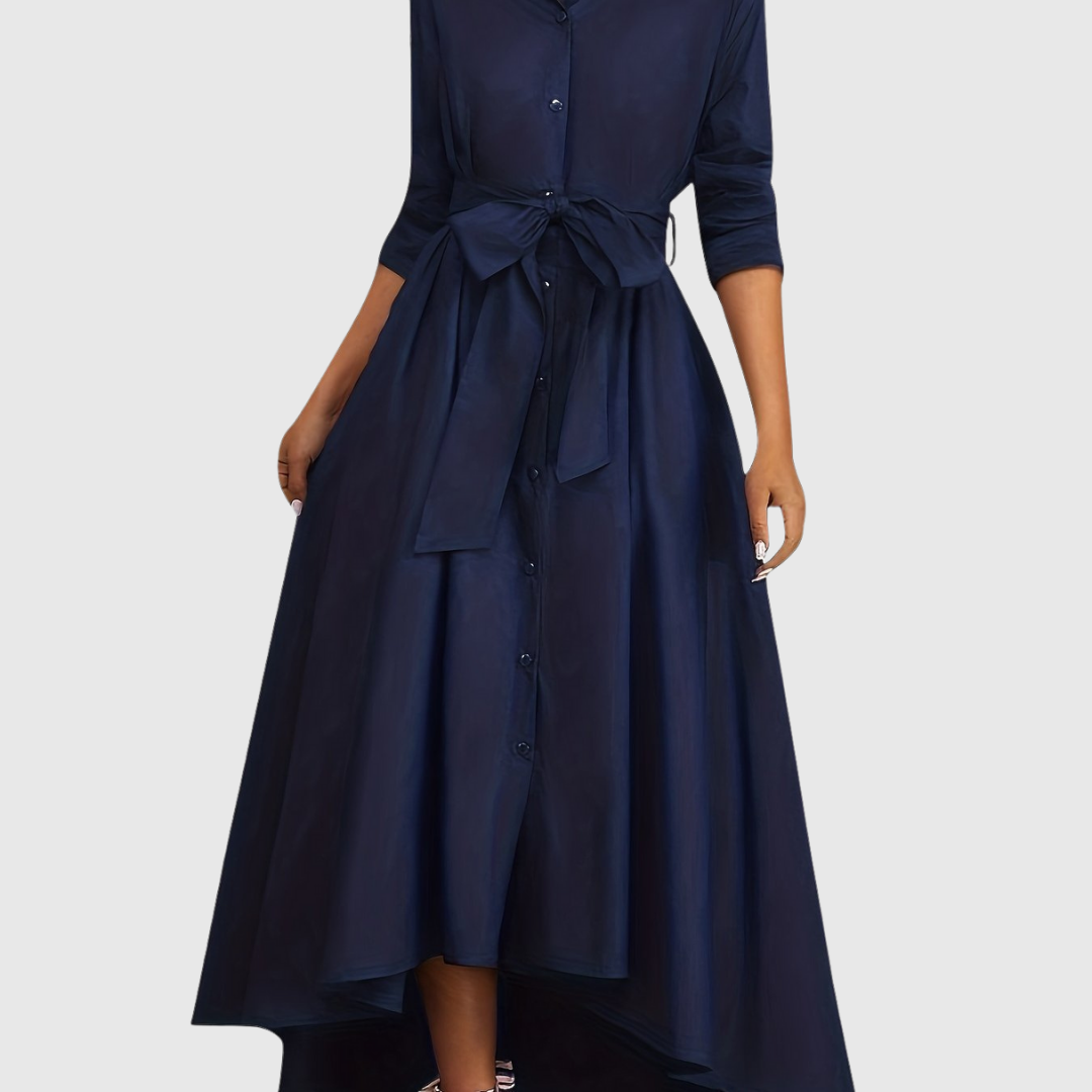 Button-Front Belted Maxi Dress in Navy — VerolynBoutique