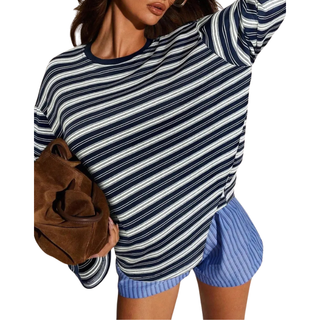 Oversized Striped Long Sleeve Top in Blue — VerolynBoutique