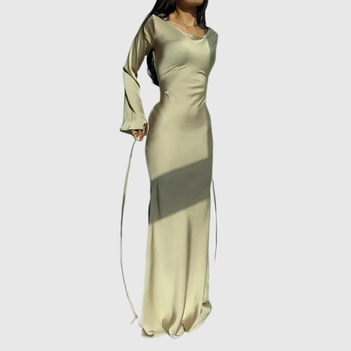 Flared Cuff Satin Maxi Dress in Apricot — VerolynBoutique