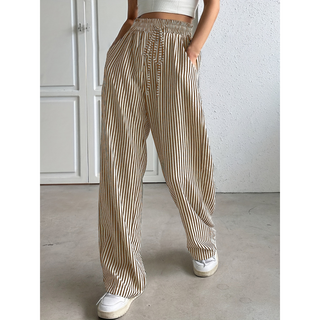 Striped Smocked Waist Trousers in Brown &amp; White — VerolynBoutique