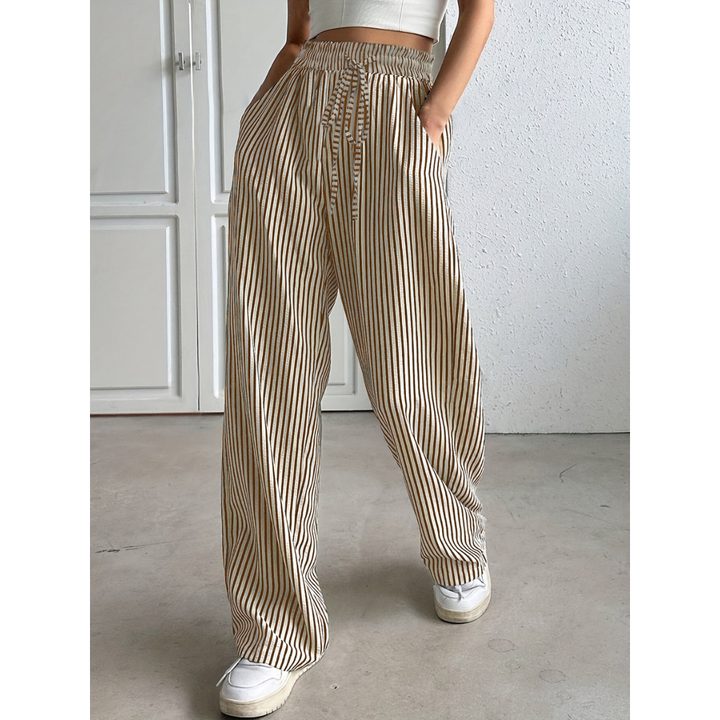 Striped Smocked Waist Trousers in Brown &amp; White — VerolynBoutique